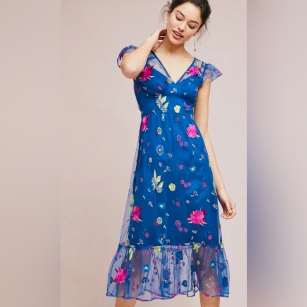 Tracy Reese for Anthropologie,  Embroidered Topaz Blue Dress, Size M